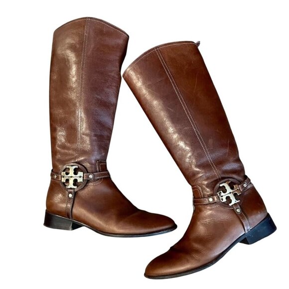 Tory Burch Aaden Riding Boots Cognac Leather Gold Logo Zip Closure Size 6M - Picture 8 of 16
